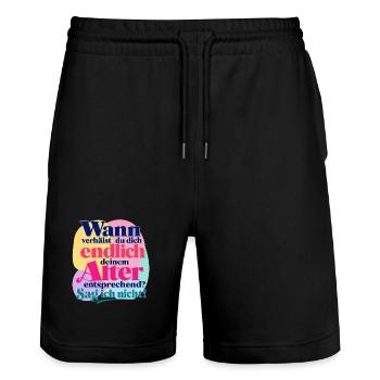 Wann verhälst du dich deinem Alter entsprechend? - Stanley/Stella Unisex Bio Joggingshorts Trainer  - Schwarz - Vorne - Nik (191cm) & Marisol (170cm)