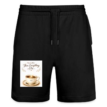 first_coffe_everything_else - Stanley/Stella Unisex Bio Joggingshorts Trainer  - Schwarz - Vorne - Nik (191cm) & Marisol (170cm)