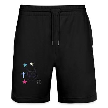 Hand signal with cross, stars and moon - Stanley/Stella Trainer Unisex Organic Jogging Shorts - black - Front - Nik (191cm) & Marisol (170cm)