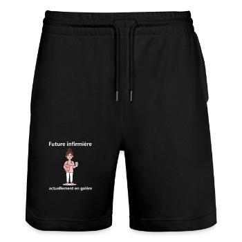 Étudiante Infirmière Épuisée - Cadeau Humour IFSI  - Short de jogging bio TRAINER Stanley/Stella unisexe - noir - Devant - Nik (191cm) & Marisol (170cm)