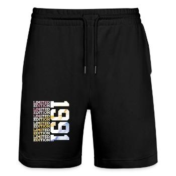 LIMITED EDITION 1991 - 35 JAHRE - 35. GEBURTSTAG - Stanley/Stella Unisex Bio Joggingshorts Trainer  - Schwarz - Vorne - Nik (191cm) & Marisol (170cm)