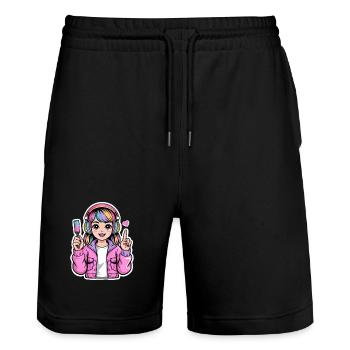 Kawaii Girl mit Kopfhörer - Stanley/Stella Unisex Bio Joggingshorts Trainer  - Schwarz - Vorne - Nik (191cm) & Marisol (170cm)