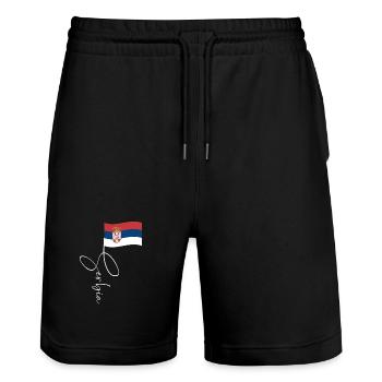 Serbia Flag Manuscript - Stanley/Stella Trainer Unisex Organic Jogging Shorts - black - Front - Nik (191cm) & Marisol (170cm)
