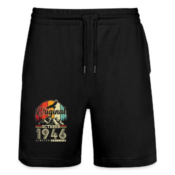 Original October 1946 – 80th Birthday Vintage - Stanley/Stella Trainer Unisex Organic Jogging Shorts - black - Front - Nik (191cm) & Marisol (170cm)