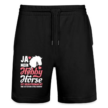 Ja, mein Hobby Horse ist selbstgemacht - Geschenk - Stanley/Stella Unisex Bio Joggingshorts Trainer  - Schwarz - Vorne - Nik (191cm) & Marisol (170cm)