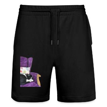swarz white cat in armchair - Stanley/Stella Trainer Unisex Organic Jogging Shorts - black - Front - Nik (191cm) & Marisol (170cm)