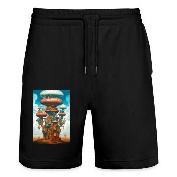 Mushroom City - Stanley/Stella Trainer Unisex Organic Jogging Shorts - black - Front - Nik (191cm) & Marisol (170cm)