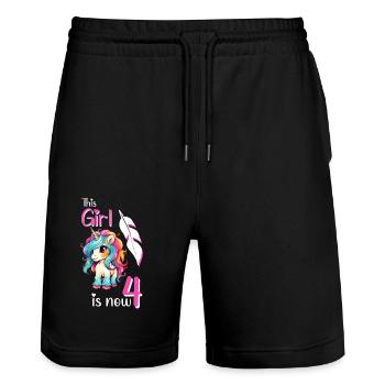 Einhorn Geburtstag 4 Jahre - Stanley/Stella Unisex Bio Joggingshorts Trainer  - Schwarz - Vorne - Nik (191cm) & Marisol (170cm)