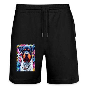 Chien rottweiler en manteau de fourrure devant les graffitis |Pop Art - Short de jogging bio TRAINER Stanley/Stella unisexe - noir - Devant - Nik (191cm) & Marisol (170cm)