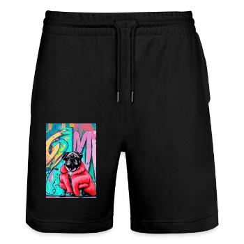 Pop Art | Carlin mignon en manteau de fourrure rouge - Short de jogging bio TRAINER Stanley/Stella unisexe - noir - Devant - Nik (191cm) & Marisol (170cm)
