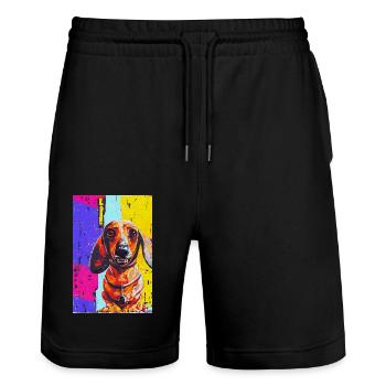 Modern Pop Art Print | Dachshund with Graffiti Colorful - Stanley/Stella Trainer Unisex Organic Jogging Shorts - black - Front - Nik (191cm) & Marisol (170cm)