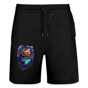 Halloween Kürbis Grusel Fledermaus Schloss Wald - Stanley/Stella Unisex Bio Joggingshorts Trainer  - Schwarz - Vorne - Nik (191cm) & Marisol (170cm)