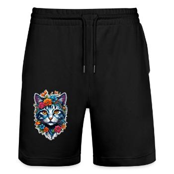 Katze und Blume Aquarell - Stanley/Stella Unisex Bio Joggingshorts Trainer  - Schwarz - Vorne - Nik (191cm) & Marisol (170cm)