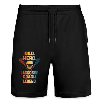 Dad Hero Lacrosse Coach Legend Lacrosse Dad 2024 - Stanley/Stella Trainer Unisex Organic Jogging Shorts - black - Front - Nik (191cm) & Marisol (170cm)
