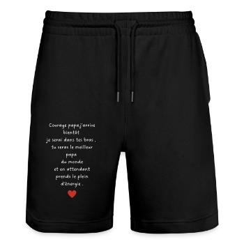J’arrive bientôt papa-annonce grossesse papa - Short de jogging bio TRAINER Stanley/Stella unisexe - noir - Devant - Nik (191cm) & Marisol (170cm)