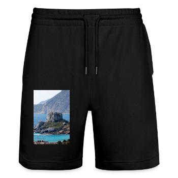 Landscape view of Kastri Island near Kampos town - Stanley/Stella Trainer Unisex Organic Jogging Shorts - black - Front - Nik (191cm) & Marisol (170cm)
