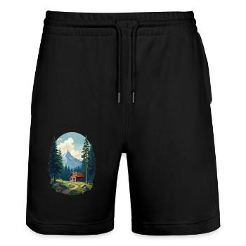 Pixelated cabin in the woods - Stanley/Stella Trainer Unisex Organic Jogging Shorts - black - Front - Nik (191cm) & Marisol (170cm)