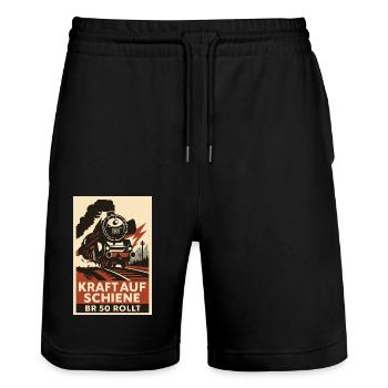 Eisenbahn Kraft auf Schiene BR 50 rollt Güterzug - Stanley/Stella Unisex Bio Joggingshorts Trainer  - Schwarz - Vorne - Nik (191cm) & Marisol (170cm)
