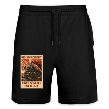 Eisenbahn Dampflok Geschwindigkeit Stahl im Blut - Stanley/Stella Unisex Bio Joggingshorts Trainer  - Schwarz - Vorne - Nik (191cm) & Marisol (170cm)