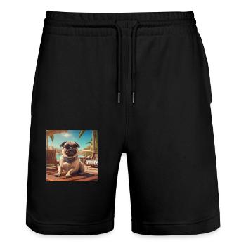 Pug with sunglasses on vacation at the beach - Stanley/Stella Trainer Unisex Organic Jogging Shorts - black - Front - Nik (191cm) & Marisol (170cm)