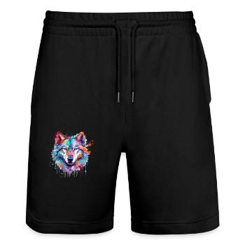 Wolf Wolfskopf Natur Wildnis Aquarell Bunt Kunst - Stanley/Stella Unisex Bio Joggingshorts Trainer  - Schwarz - Vorne - Nik (191cm) & Marisol (170cm)