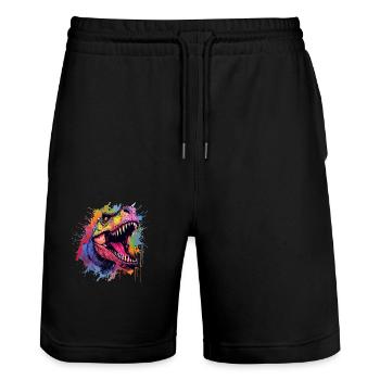 T-Rex Dinosaur Dino Design for Men & Women - Stanley/Stella Trainer Unisex Organic Jogging Shorts - black - Front - Nik (191cm) & Marisol (170cm)