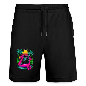 Chat d’été cool sur flamant rose - Look rétro - Short de jogging bio TRAINER Stanley/Stella unisexe - noir - Devant - Nik (191cm) & Marisol (170cm)