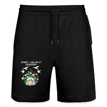Forgotten words with flowers and birds - Stanley/Stella Trainer Unisex Organic Jogging Shorts - black - Front - Nik (191cm) & Marisol (170cm)