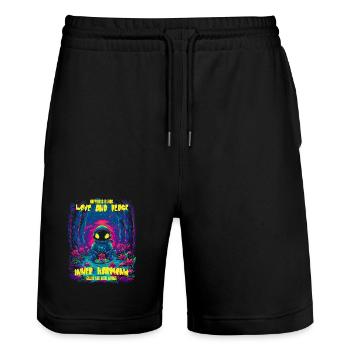 Cosmic neon astronaut in the forest - Stanley/Stella Trainer Unisex Organic Jogging Shorts - black - Front - Nik (191cm) & Marisol (170cm)