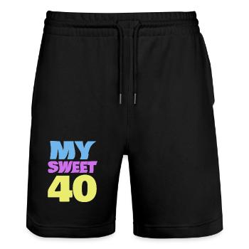 Logo de l’explosion de couleurs des années 40 - Short de jogging bio TRAINER Stanley/Stella unisexe - noir - Devant - Nik (191cm) & Marisol (170cm)