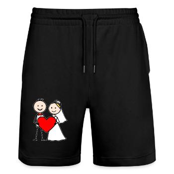 Cœur de dessin animé de couple marié - Short de jogging bio TRAINER Stanley/Stella unisexe - noir - Devant - Nik (191cm) & Marisol (170cm)