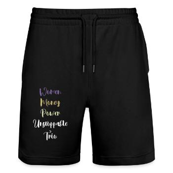 Women, Money, Power = Unstoppable Trio - Stanley/Stella Trainer Unisex Organic Jogging Shorts - black - Front - Nik (191cm) & Marisol (170cm)