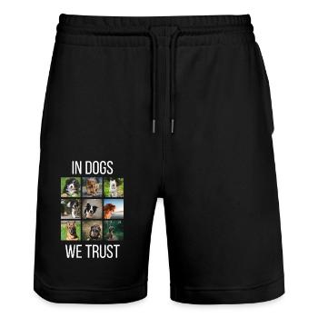 In Dogs We Trust - Stanley/Stella Trainer Unisex Organic Jogging Shorts - black - Front - Nik (191cm) & Marisol (170cm)