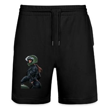 Lady Biker für eine Motorradfahrerin Bikerin - Stanley/Stella Unisex Bio Joggingshorts Trainer  - Schwarz - Vorne - Nik (191cm) & Marisol (170cm)
