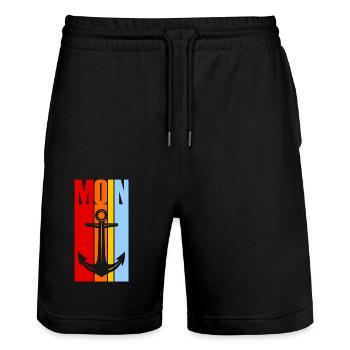 Moin - Guten Morgen - Nordsee - Ostsee - Anker - Stanley/Stella Unisex Bio Joggingshorts Trainer  - Schwarz - Vorne - Nik (191cm) & Marisol (170cm)
