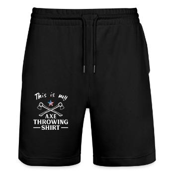 This is my axe throwing Shirt. Axtwurf Sport - Stanley/Stella Unisex Bio Joggingshorts Trainer  - Schwarz - Vorne - Nik (191cm) & Marisol (170cm)