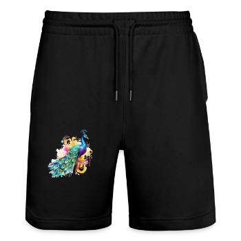 Pfau Blumen Pfauenfeder Exotisch Farbenfroh Bunt - Stanley/Stella Unisex Bio Joggingshorts Trainer  - Schwarz - Vorne - Nik (191cm) & Marisol (170cm)