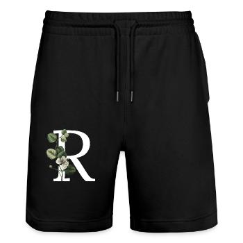 Buchstabe R Grün Botanisch - Stanley/Stella Unisex Bio Joggingshorts Trainer  - Schwarz - Vorne - Nik (191cm) & Marisol (170cm)