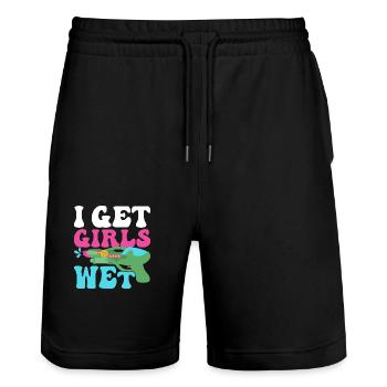 I Get Girls Wet Squirt Gun Summer Water Fun - Stanley/Stella Trainer Unisex Organic Jogging Shorts - black - Front - Nik (191cm) & Marisol (170cm)