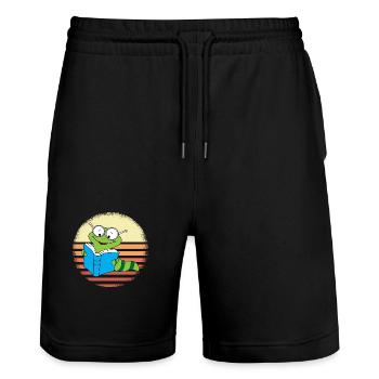 Bücherwurm Retro Sonnenuntergang Design - Stanley/Stella Unisex Bio Joggingshorts Trainer  - Schwarz - Vorne - Nik (191cm) & Marisol (170cm)