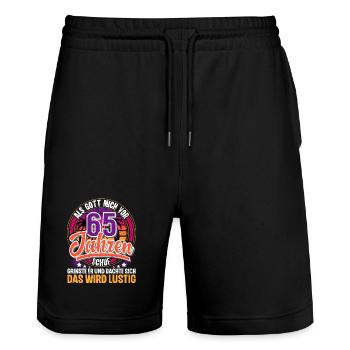 65. Geburtstag Als Gott Mich Schuf Vor - Stanley/Stella Unisex Bio Joggingshorts Trainer  - Schwarz - Vorne - Nik (191cm) & Marisol (170cm)