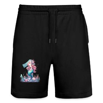 1 an sirène mignon cadeau d’anniversaire - Short de jogging bio TRAINER Stanley/Stella unisexe - noir - Devant - Nik (191cm) & Marisol (170cm)