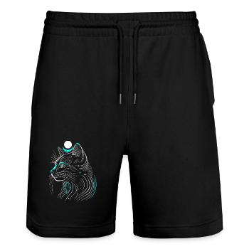 Minimalist Bastet Cat in Profile with Moon - Stanley/Stella Trainer Unisex Organic Jogging Shorts - black - Front - Nik (191cm) & Marisol (170cm)