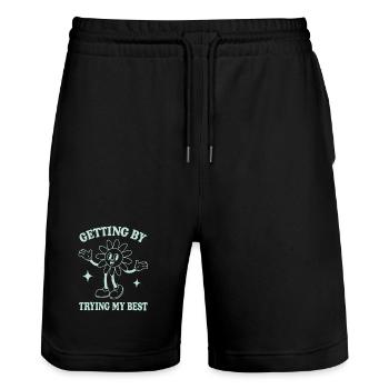 Getting By Trying My Best – Retro Style Saying - Stanley/Stella Trainer Unisex Organic Jogging Shorts - black - Front - Nik (191cm) & Marisol (170cm)