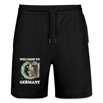 Lustig Steuern Deutschland Party - Stanley/Stella Trainer Unisex Organic Jogging Shorts - black - Front - Nik (191cm) & Marisol (170cm)