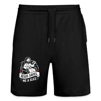 Jesus Saves Me A Slice Funny - Stanley/Stella Trainer Unisex Organic Jogging Shorts - black - Front - Nik (191cm) & Marisol (170cm)