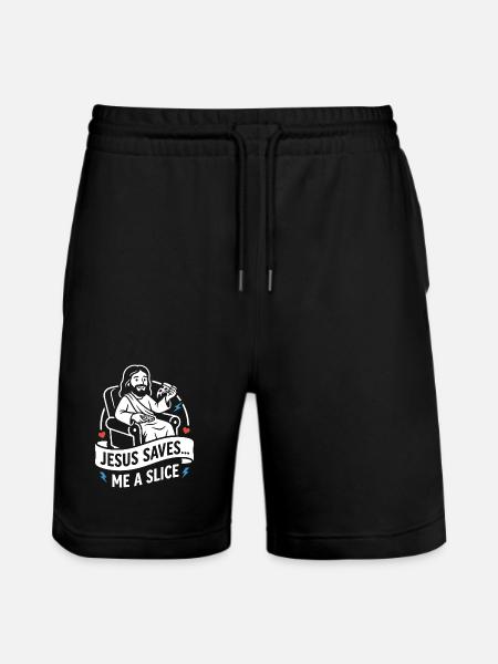 Jesus Saves Me A Slice Funny - Stanley/Stella Trainer Unisex Organic Jogging Shorts - black