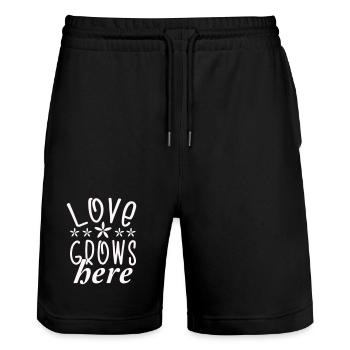 Love grows here Flowers Typography - Stanley/Stella Trainer Unisex Organic Jogging Shorts - black - Front - Nik (191cm) & Marisol (170cm)