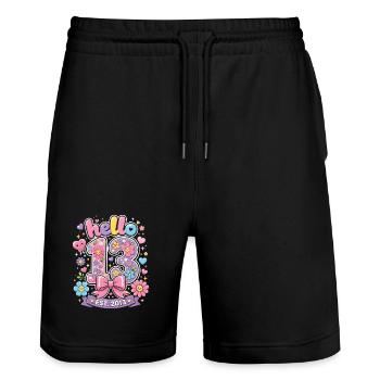Hello 13 Year Old Gold and Pink Bow | Teen Birthday - Stanley/Stella Trainer Unisex Organic Jogging Shorts - black - Front - Nik (191cm) & Marisol (170cm)