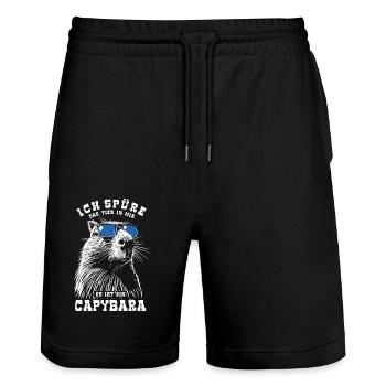 Ich spüre das Tier in mir, es ist ein Capybara - Stanley/Stella Unisex Bio Joggingshorts Trainer  - Schwarz - Vorne - Nik (191cm) & Marisol (170cm)